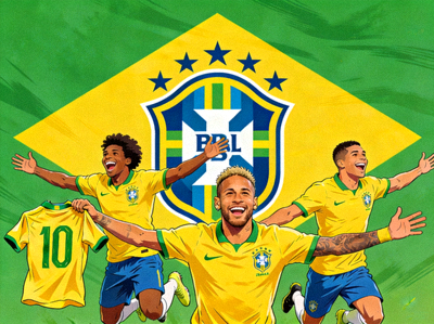 巴西国家队球队标志及内马尔等球星庆祝画面